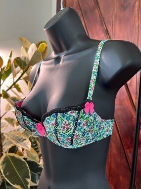Floral Balconette Bra with Pink Ribbons